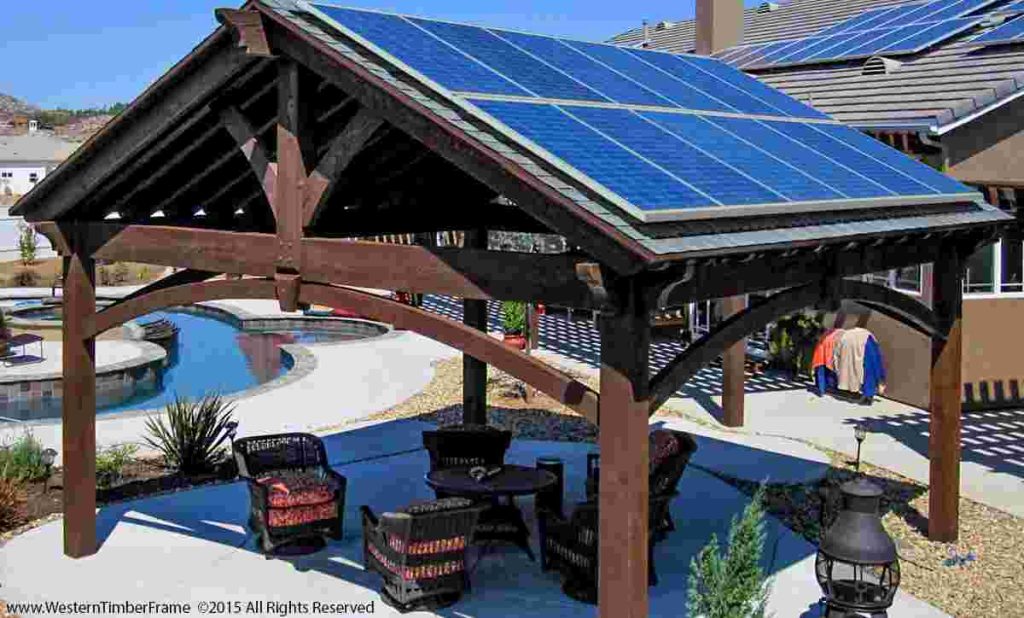 A pergola with solar panels on top serves a dual purpose, offering both a stylish outdoor structure and a renewable energy source.